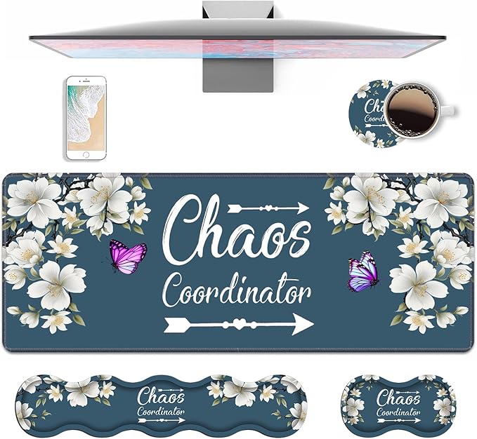 4 in 1 Ergonomic Keyboard Wrist Rest &amp Mouse Pad Wrist Rest Set Large XXL Gaming Desk Mat 31.5x 11.8 with Non-Slip Base Memory Foam for Home Office Study Gaming Floral Quote Chaos Coordinator