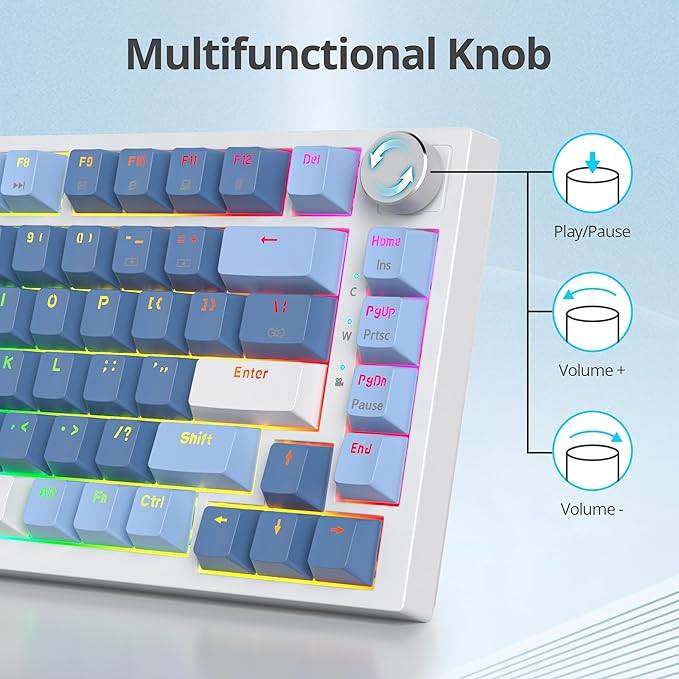 Guffercty kred 75% Percent Blue Keyboard Gasket Mount with Knob Hot-swappable RGB Wired Mechanical Gaming Keyboard Programmable for Mac/Win (82 Sea Fog Blue)