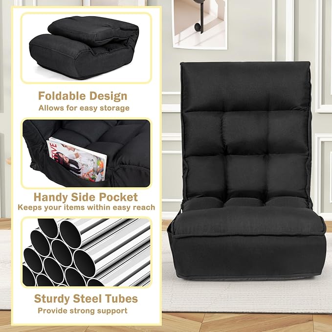 KOMFOTT Folding Floor Chair for Adults Floor Gaming Chair with 5-Position Adjustable Headrest &amp 4-Position Adjustable Backrest Side Pocket Floor Seating Lazy Sofa for Reading Meditating Black
