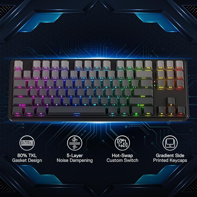 Redragon K707 PRO GB 80% Gasket RGB Gaming Keyboard 3-Modes Wireless TKL Mechanical Keyboard w/Hot-Swap South-Facing LEDs Socket PBT Gradient Keycaps &amp 5-Layer Noise Dampening Custom Linear Swi