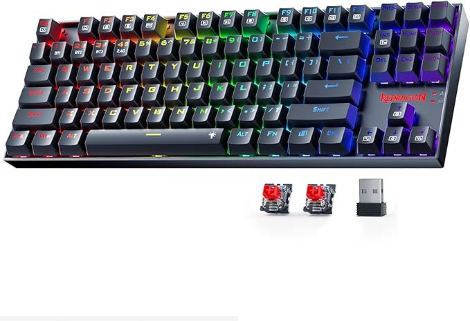 Redragon Wireless Gaming Keyboard BT/2.4Ghz Tri-Mode Mechanical Keyboard buit-in Battery Programmable 87 Keys TKL LED Rainbow Backlit - K552-KRS