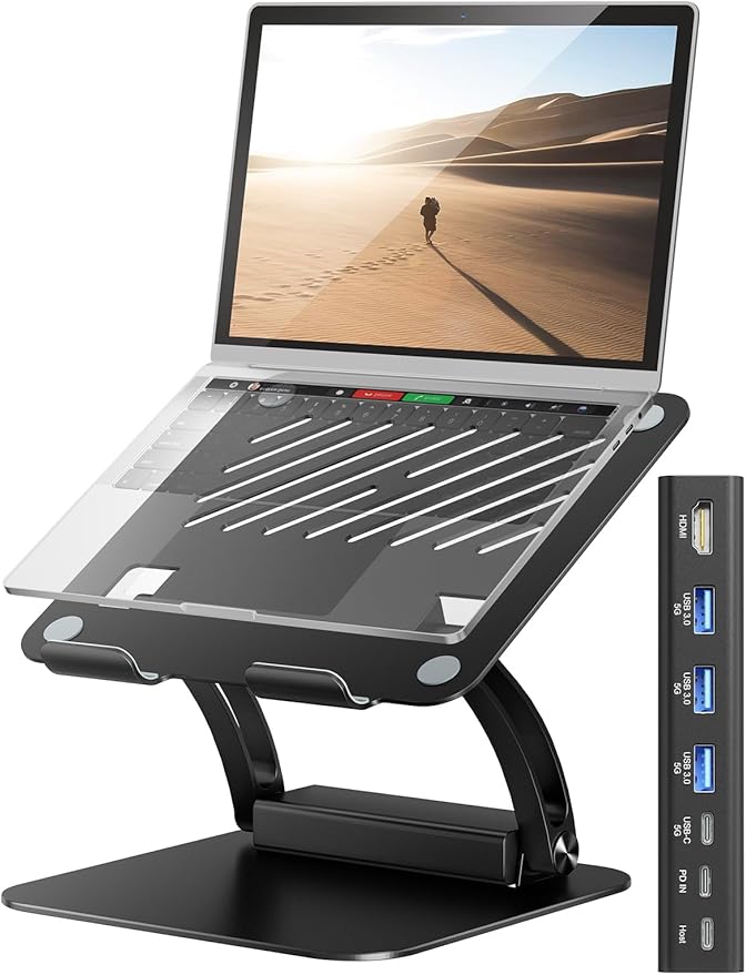 tounee Laptop Stand with Detachable USB-C Hub 100W PD Charging 4K@60Hz HDMI 3 USB Ports Ergonomic Laptop Holder Docking Station for 10-17 Laptops MacBook &amp More (Black)
