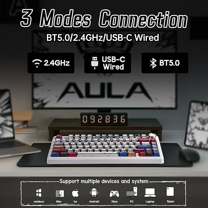 Aula F75 Wireless Mechanical KeyboardCreamy Keyboard with RGB Backlit Hot Swappable 81 Keys 75% Layout Gaming Keyboard Bluetooth/2.4GHz/Type-C Creamy Sounding - Reaper Switches