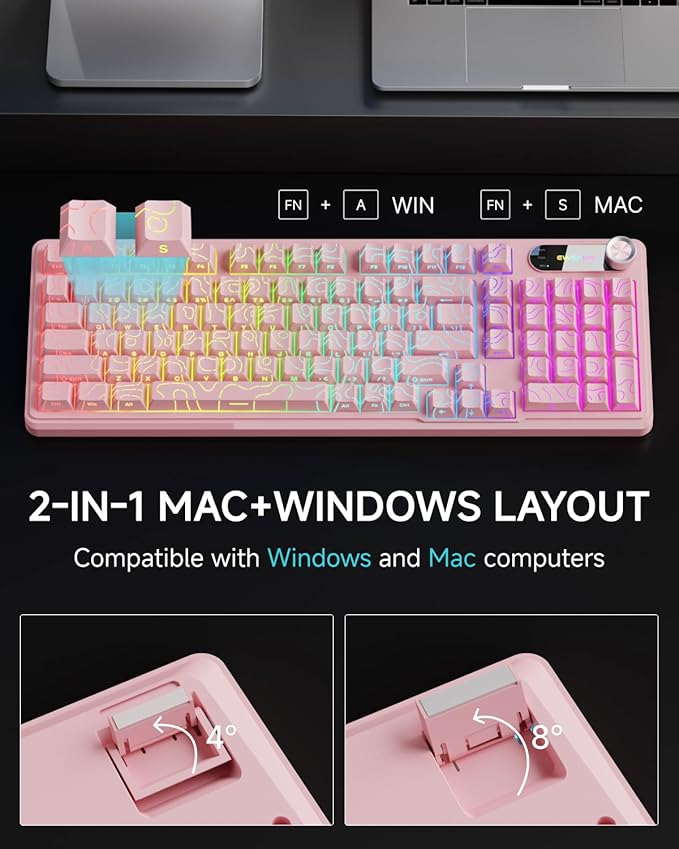 V102 Wired Keyboard 98 Keys Creamy Gaming Keyboard with Number Pad Display Screen &amp Media Knob RGB Silent Wired Cute Computer Keyboard for Laptop PC Gamer - Light Pink