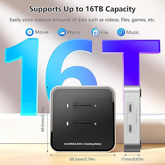 MiliPow Dual Bay M.2 NVME SATA SSD Enclosure USB 3.2 10Gbps HUB PCIE NVMe Docking Station Up to 16TB Plug and Play with M.2 SSD Storage Case