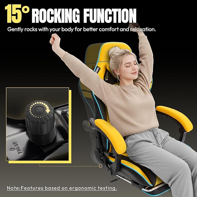 Dowinx Gaming Chair Big and Tall 350LBS Heavy Duty PC Gaming Chair with Massage &amp Footrest Ergonomic Reclining Gamer Chair with Embroidered Esports Design Yellow