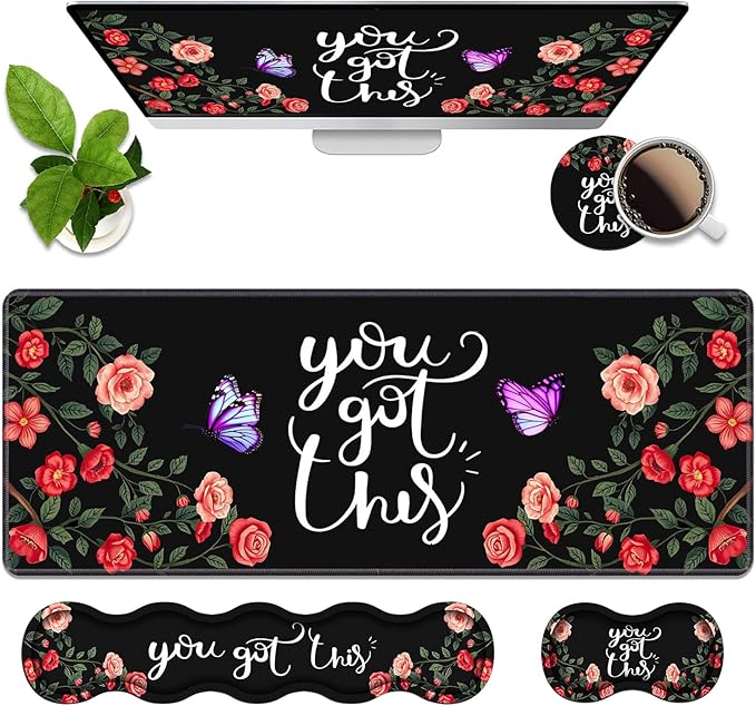 4 in 1 Ergonomic Memory Foam Mouse Pad Wrist Rest Set Large XXL Gaming Desk Pad + Keyboard Wrist Rest + Mouse Wrist Cushion + Coaster for Home Office Study Gaming You Got This Inspirational Quote