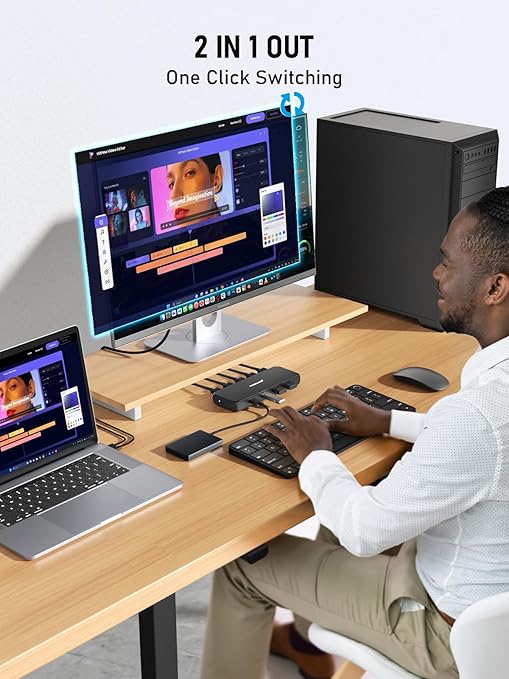Lemorele KVM Switch 4K 2x1 2-Computer Sharing 1 Monitor with USB 3.0 Hub 4-Port USB for Mouse Keyboard Plug and Play USB-C Powered 4K@30Hz (2 USB Cables Included)