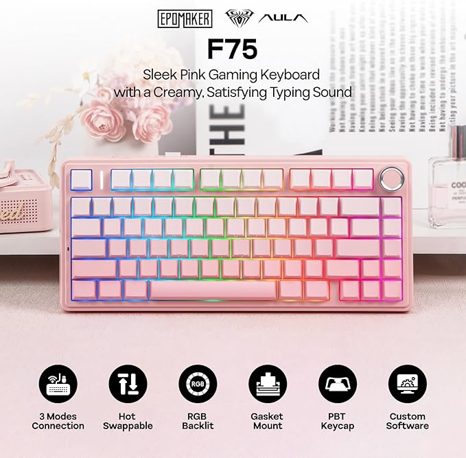 EPOMAKER X Aula F75 75% Wireless Gaming Keyboard BT/2.4GHz/USB-C Hot Swappable Creamy Mechanical Keyboard with 5-Layer Padding&ampKnob NKRO RGB (Pink)