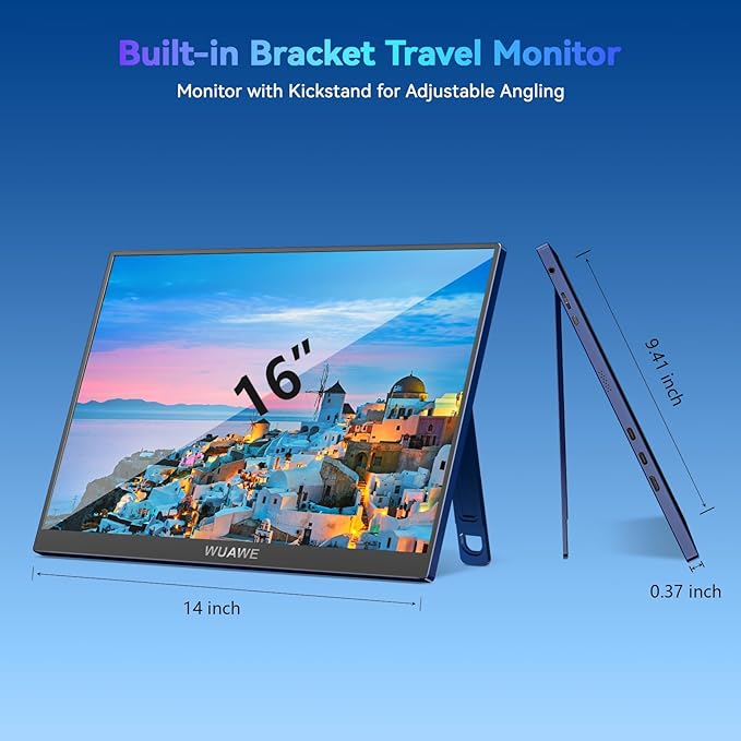WUAWE 16 1200P 120Hz Portable Monitor for Laptop 100% sRGB Portable Laptop Monitor with Built-in Stand HDR and Freensync External USB C Monitor for Phone MacBook Laptop PC(Blue)