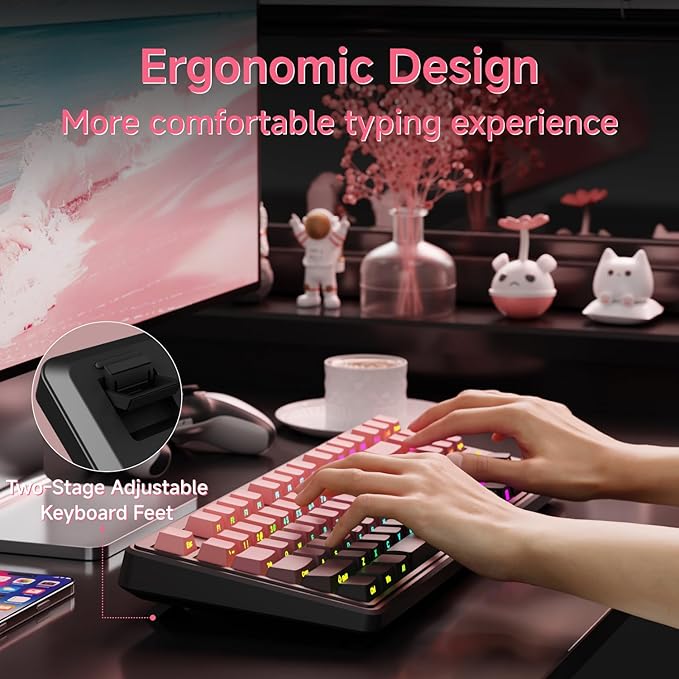 V80 Wired TKL RGB Gaming Keyboard 80% Compact Layout with PBT Keycaps Whisper Quiet Membrane Switch 26-Key Anti-Ghosting Ergonomic Computer Keyboard for Laptop PC Gamer - BlackBerry Pink