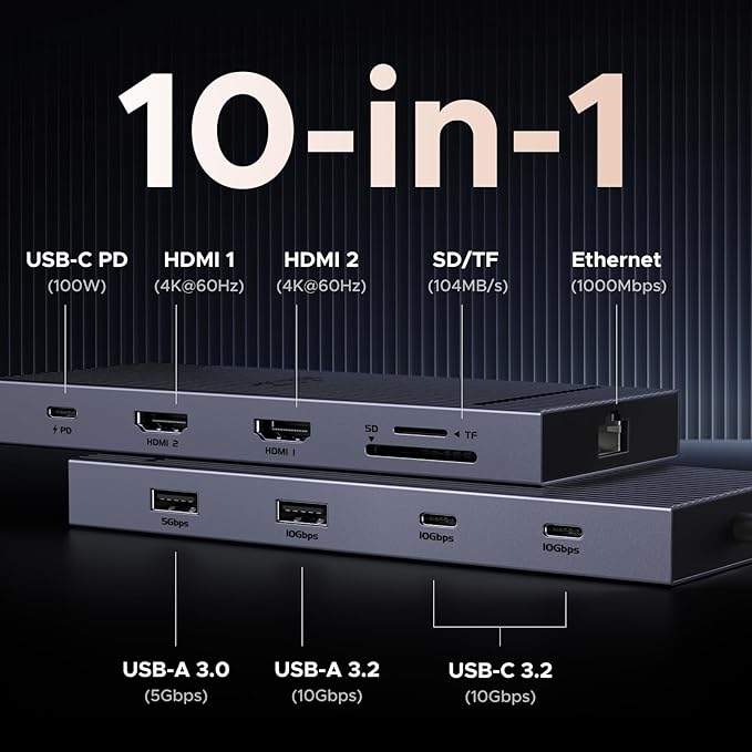 UGREEN 10 in 1 USB C Docking Station Dual 4K Monitor Revodok USBC Hub with 2 HDMI USB A&ampC 3.2 Ports SD/TF Card Reader PD 100W Charging USB C Dock with 1Gbps Ethernet for Dell HP XPS and Mor