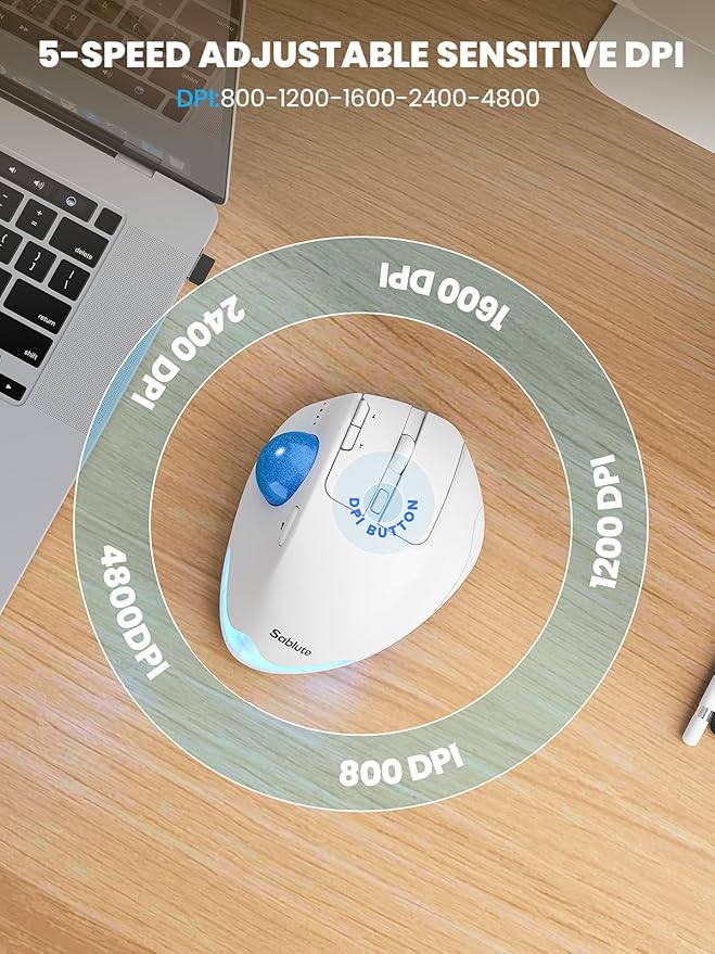 MAM1 Pro Wireless Trackball Mouse Ergonomic Bluetooth Rechargeable Computer Mouse Backlit Rollerball Thumb mice with 5 Level DPI Adjustable Angle 3 Devices Connection for PC Windows - White Mouse