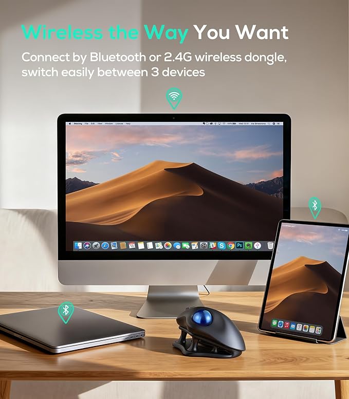 Nulea M511 Wireless Trackball Mouse Rechargeable Ergonomic Thumb-Control Mouse with Tilt Stand Smooth &amp Precision Tracking 3 Device Connection (Bluetooth or USB Receiver) for PC/Mac/Laptop-Blu