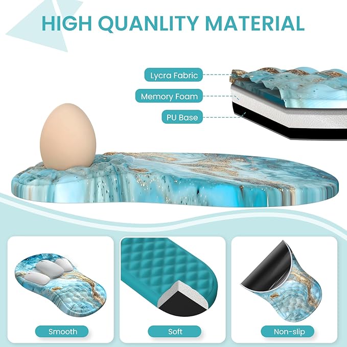 Desk Mat for Keyboard and Mouse Large Mouse Pad with Wrist Rest and Keyboard Pad 4PCS Carpal Tunnel Keyboard Wrist Support Computer Mousepad for Laptop Teal Blue Turquoise Marble