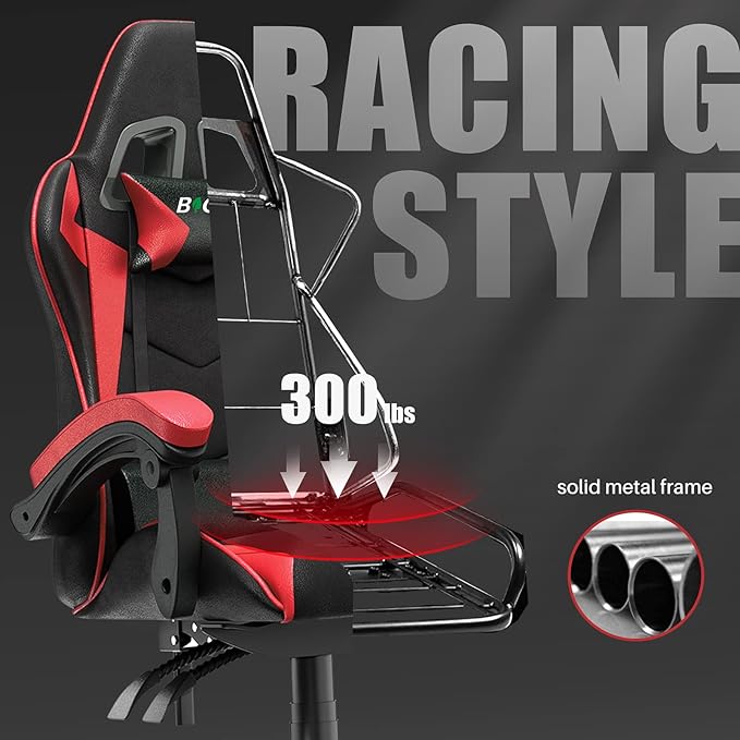 Bigzzia Gaming Chair Ergonomic Video Game Chairs with Pillow and Lumbar Support Racing Style Height Adjustable Computer Chair with 360°-Swivel Seat for Adults and Teens