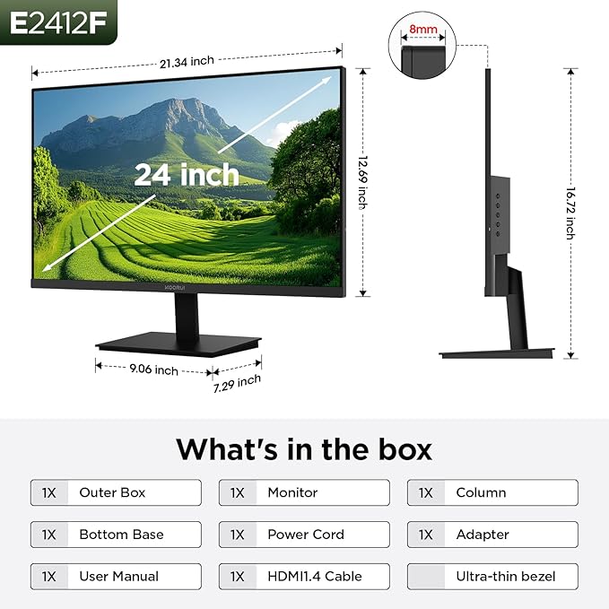 KOORUI 24-inch Computer Monitor Full HD 1920 x 1080p 100Hz VA Display 4000:1 Contrast Ratio with HDMI VGA TÜV Rheinland Certified 100 x 100 mm VESA Mountable Ultra-Slim Design Tilt Black E2412F