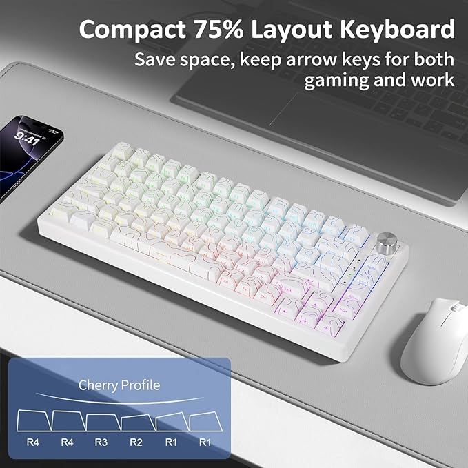 HUO JI 75% Wireless Mechanical Gaming Keyboard Bluetooth/2.4G/USB Wired Creamy Sound RGB Backlit Hot Swappable Pre-lubed Linear Switches Volume Knob Custom Gasket Structure for Win/Mac White