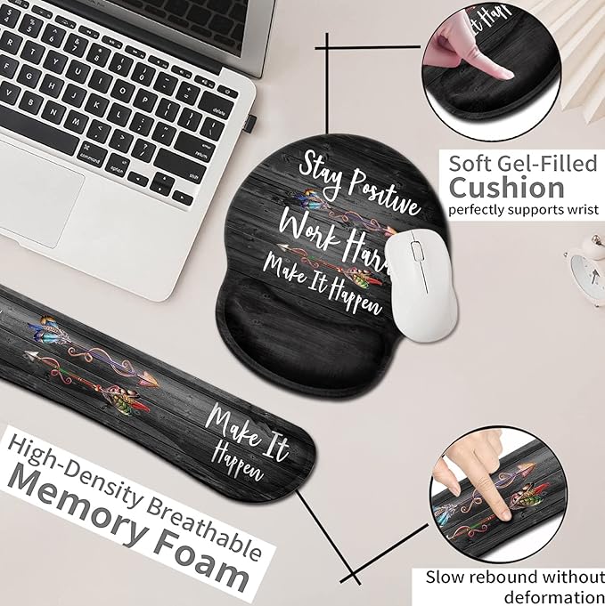 Ergonomic Mouse Pad with Gel Wrist Rest SupportNon-Slip PU Base for Computer Laptop Home Office Stay Positive Work Hard and Make It HappenSilver Glitter Black pad Memory Foam Keyboard Wrist Rest