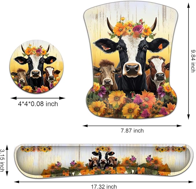 Keyboard Wrist Rest and Mouse Pad Wrist Support Set Ergonomic Gel Mouse Pad Wrist Rest with Non-Slip Base for Home Office Desk Pad Easy TypingSunflowers Cute Farmhouse Cow Pattern Gaming Mouse Mat