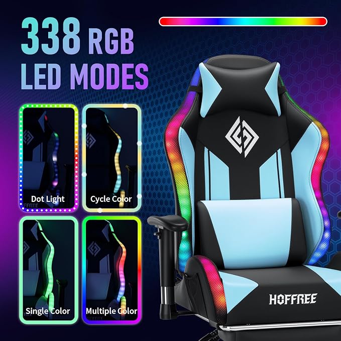 HOFFREE RGB LED Gaming Chair for Kids Reclining Gaming Chairs for Teens 8-15 Computer Chair with RGB Lights Kids PC Game Chair with Footrest and Lumbar Support Video Game Chairs Blue and Black