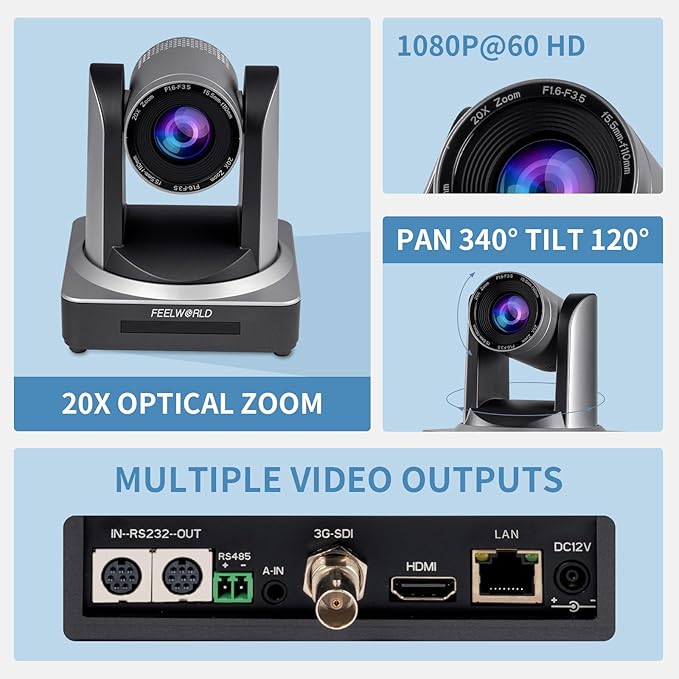 FEELWORLD POE20X Simultaneous 3G SDI HDMI IP PTZ Camera 20X Optical Zoom Support PoE Full HD 1080P 60fps for Church Live Streaming Conference