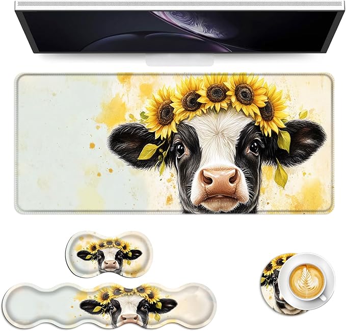Keyboard Mouse Pad Set Extended Gaming Mouse Pad+Ergonomics Keyboard Wrist Rest Support Memory Foam Easy Typing Pain Relief 4Pcs XL Ultra Thick Desk MatCow with Sunflower