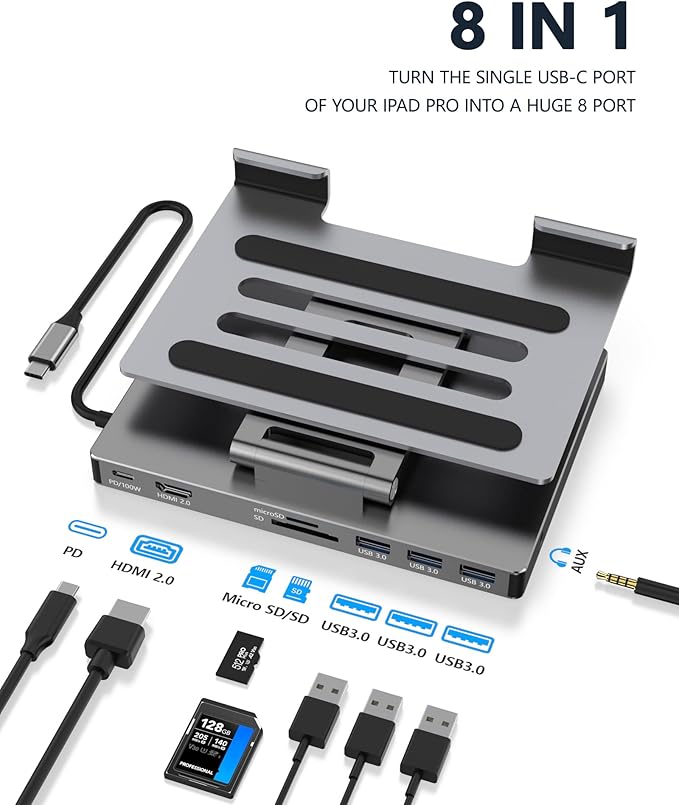 iPad Pro USB C Hub Stand Adapter for iPad Pro M5 M3 M4 13 12.9 11 Inch iPad Air Docking Station 4K 60Hz HDMI PD SD/TF Card Reader 3 USB 3.0 3.5mm Audio iPad Accessories Samsung Tablet Dock