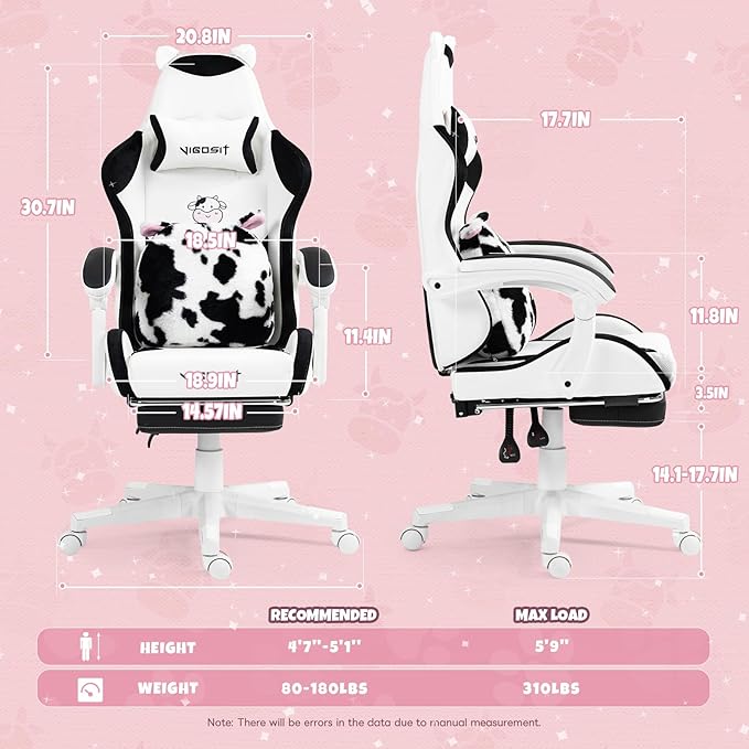 Cute Gaming Chair with Cat Paw Lumbar Cushion and Cat Ears Kawaii Pink Computer Chair with Footrest Ergonomic PC Video Anime Gaming Chairs Recliner for Kids Girls Teens (Black&ampWhite)
