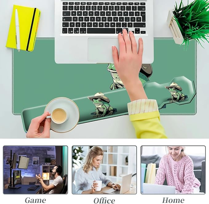3Pcs Mouse Pad Set Green Frog Large Gaming Mouse Pad with Stitched Edge Ergonomic Memory Foam Keyboard Wrist Support and Mouse Wrist Rest Cushion Pain Relief Non-Slip Desk Pad Combo