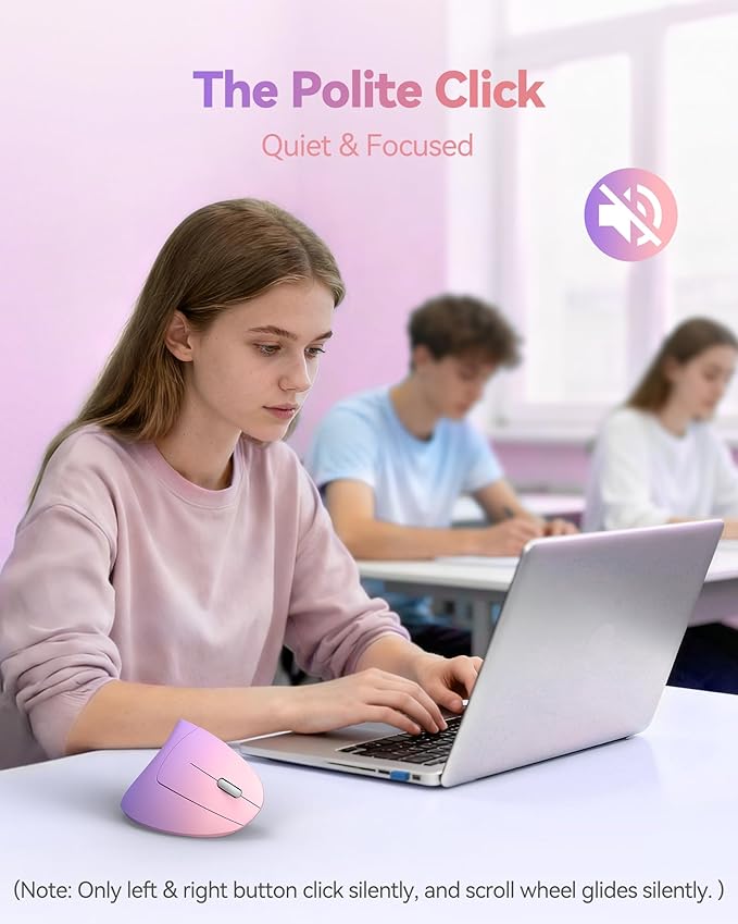 TECKNET 2.4G Ergonomic Mouse Vertical Wireless - 4800 DPI Optical Carpal Tunnel Mice Right Hand 4800 DPI Adjustable Quiet Clicks 6 Buttons for Laptop Desktop PC Computer - Pink Purple