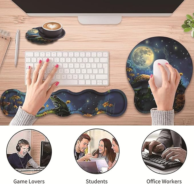 3 in 1 Keyboard Wrist Rest + Mouse Pad and Coaster Ergonomic Gel Mouse Pad and Keyboard Pad Set Comfortable Lightweight for Easy Typing Pain Relie Frog Mushroom