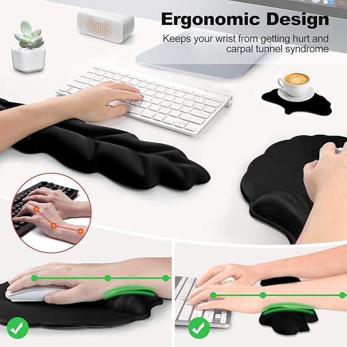Keyboard Wrist Rest and Mouse Pad with Wrist Support Set Ergonomic Leaf Shape Mouse Pad with Non-Slip Base Pain Relief Memory Foam Mousepad for ComputerLaptopHome Office Black