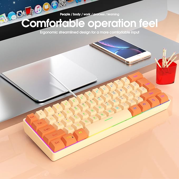 Snpurdiri 60% Wired Gaming Keyboard RGB Backlit Ultra-Compact Mini Keyboard Waterproof Mini Compact 61 Keys Keyboard for PC/Mac Gamer Typist Travel (Orange and Cream)