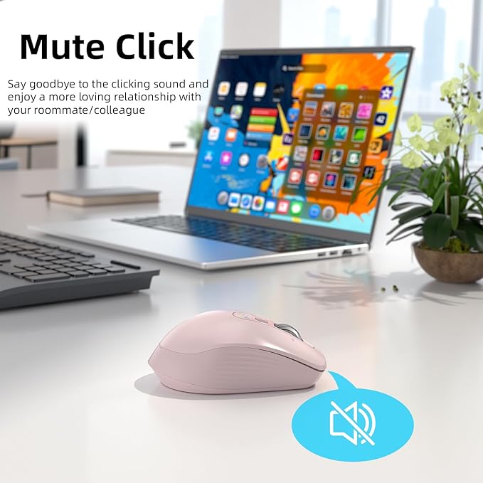 Wireless Bluetooth Mouse Multi Device (BT1/BT2 + 2.4G USB) Mouse for Laptop iPad &amp Mac 4-Way Scroll with Side Buttons Silent Click Ergonomic Offce Mouse Adjustable DPI（Pink）