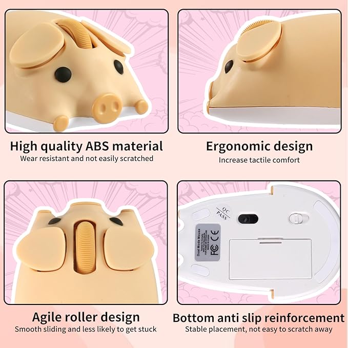 Cute Bluetooth Wireless Mouse with 2.4GHz USB Receiver Cartoon Pig Dual Mode Computer Mouse Silent Clicks Optical Mice for Laptops Mac iPad PC Chromebook Office Students Home Gift(Yellow)