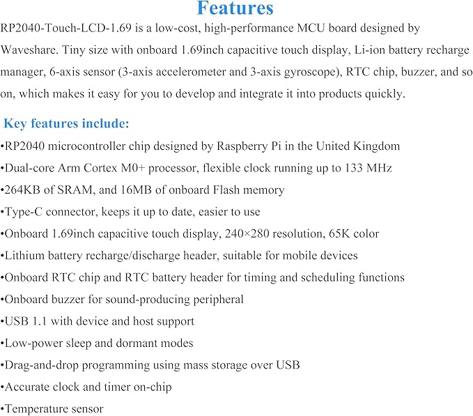 RP2040 Microcontroller Development Board with 1.69inch Touch LCD 240 x 280 262K RGB Rounded Corners Dual-core Arm Processor 16MB Flash Accelerometer and Gyroscope Sensor USB Type-C Port