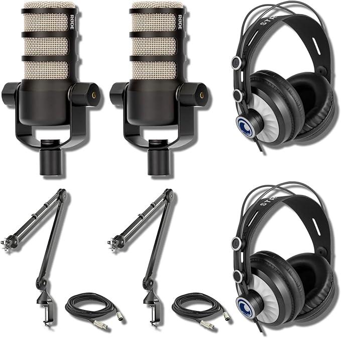 Rode PodMic Dynamic Podcast Microphone (Pair) with Rode PSA1 Microphone Boom Arms StreamEye Cans50 Podcast Headphones and XLR Cables