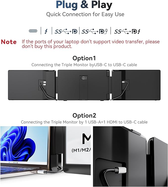 Laptop Screen Extender 14 1200P FHD IPS Portable External Screen Triple Portable Laptop Monitor for 12-16.5 Laptops with USB-C/HDMI Plug &amp Play Compatible with Wins/Mac(M1//M2/M3Pro/Max)