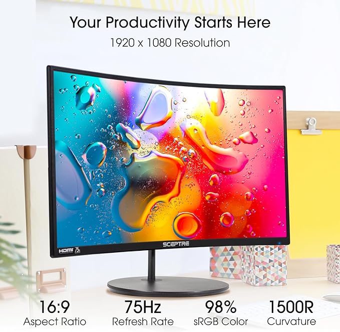 New_Sceptre_C248W 24'' Curved 75Hz Gaming LED Monitor Full HD 1080P HDMI VGA Speakers VESA Wall Mount Ready Metal Black ‎Metal Black