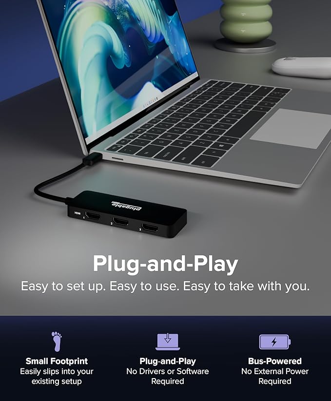 Plugable USB C to HDMI Multi Monitor Adapter | Triple 4K60 Displays | Driverless MST Hub for Windows Chrome OS USB-C Thunderbolt USB4 Laptops | Multi HDMI Ports HDR &amp HDCP Compliant (USBC-MST