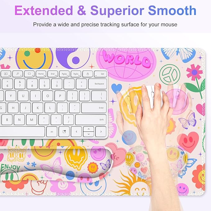 Large Gaming Mouse Pad Set 4 in 1 Extended Keyboard Desk Mat with Wrist Rest PC Computer Game Mousepad Set Non-Slip Desk Pad Protector Easy Typing Pain Relief for Home Office I Hippie Smile