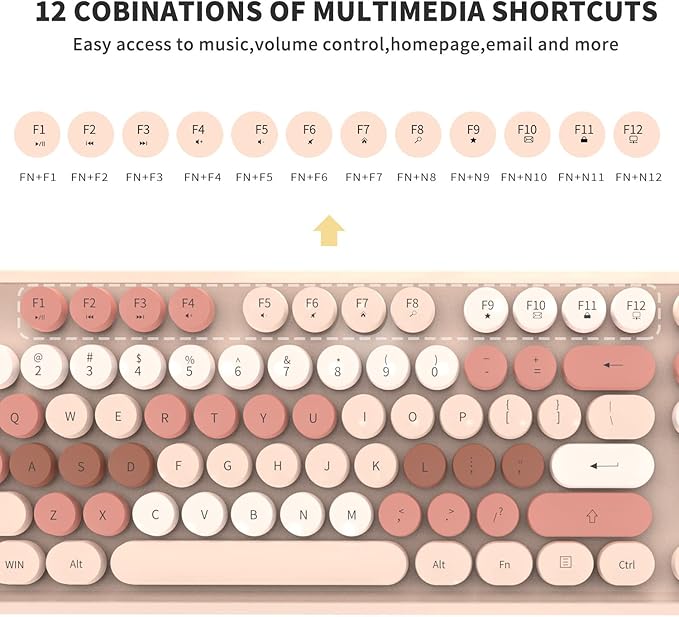 FOPETT Wireless Keyboard and Mouse Combo - 2.4G Full-Sized Cute Colorful Mouse and Keyboard with 104 Round Keys Retro Typewriter Keyboard for Laptop/Windows/PC - Brown Colorful