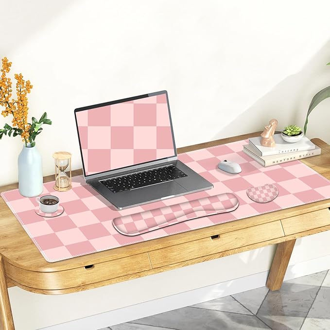 Soft Pink Checkerboard Mouse Pad Set 4 in1 Ergonomics Keyboard Desk Mat with Memory Foam Wrist Rest Extended Game Mousepad Non-Slip Large Gaming Desk Pad Matt Easy Typing Pain Relief