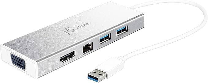 j5create USB 3.0 Hub with HDMI VGA RJ45 Gigabit Ethernet 2 USB 3.1 Type-A Ports - High Speed Data Transfer Adapter for Mac Windows Desktop PC - Supports Up to 2K Resolution (JUD380)