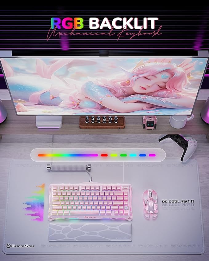 GravaStar Mercury K1 75% Pink Wireless Keyboard Aluminum Alloy Exoskeleton Design Mechanical Gaming Keyboard Gasket Hot-Swap Socket Linear Switches RGB Backlit