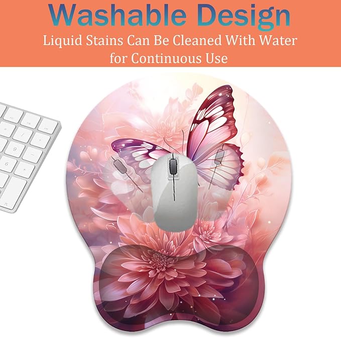 Ergonomic Keyboard Wrist Support Pad and Wrist Support Mouse Pad Anti-Slip with Gel Memory Mouse Pad Set Suitable for Office Use/Home Use - Pink Butterfly Flower