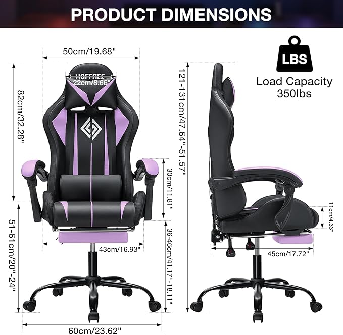 HOFFREE Gaming Chair with LED RGB Lights and Massage Ergonomic Computer Chair with Footrest High Back Video Game Chair with Adjustable Lumbar Support Linkage Armrest Purple and Black