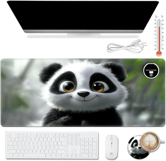 Warm Desk PadHeated Desk PadOffice Mat3 Heating Levels &amp 3 Hours Auto Shut-Off31.5*13 Gaming Mouse Laptop Keyboard Leather Desk MatCute Panda Snow