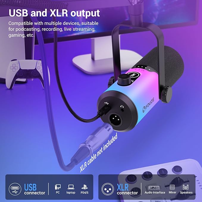 FDUCE Dynamic Gaming Microphone kit USB/XLR Podcast Computer Microphone with Boom arm Stand RGB Light Mute Button and Headphone Jack for Gamer Streaming Recording Studio YouTube Online Chat(D20+)